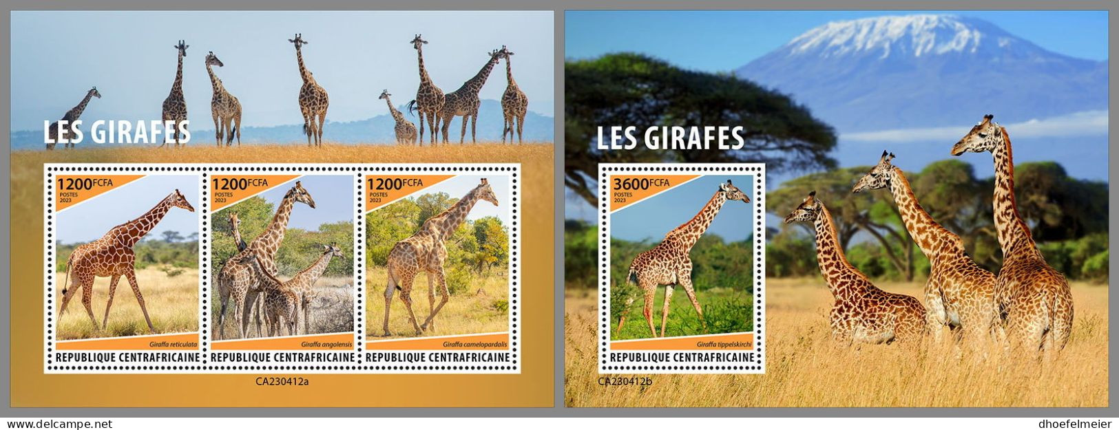 CENTRAL AFRICAN 2023 MNH Giraffes Giraffen M/S+S/S – IMPERFORATED – DHQ2415 - Girafes