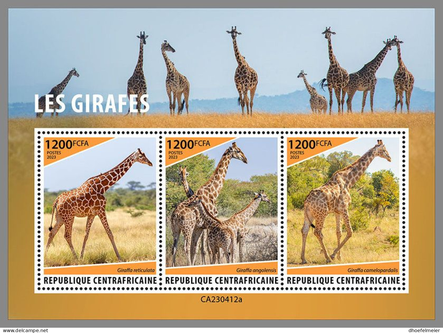CENTRAL AFRICAN 2023 MNH Giraffes Giraffen M/S – IMPERFORATED – DHQ2415 - Girafes