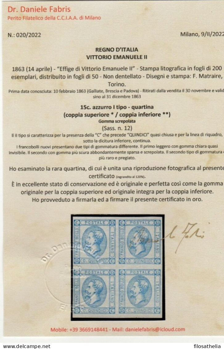 Regno 1863 15 Cent Litografico I Tipo In Quartina Integra Cert. Fabris, Zappala - Gebraucht