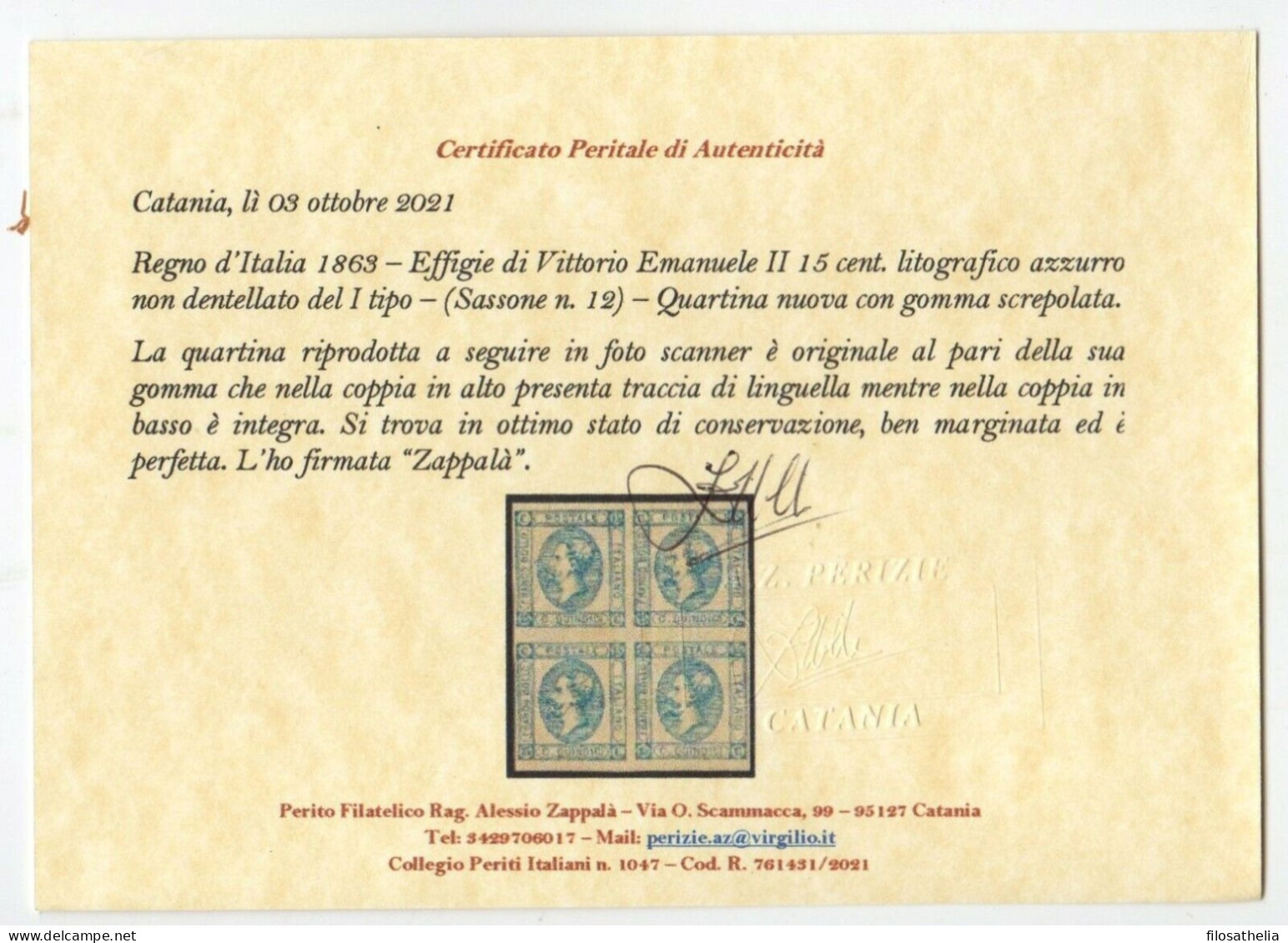 Regno 1863 15 Cent Litografico I Tipo In Quartina Integra Cert. Fabris, Zappala - Usati