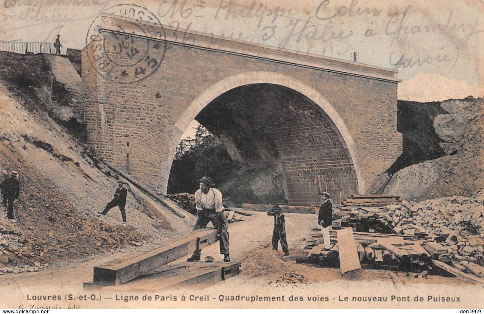 LOUVRES (Val-d'Oise) - Ligne De Paris à Creil - Quadruplement Des Voies, Nouveau Pont De Puiseux - Voyagé 1914 (2 Scans) - Louvres