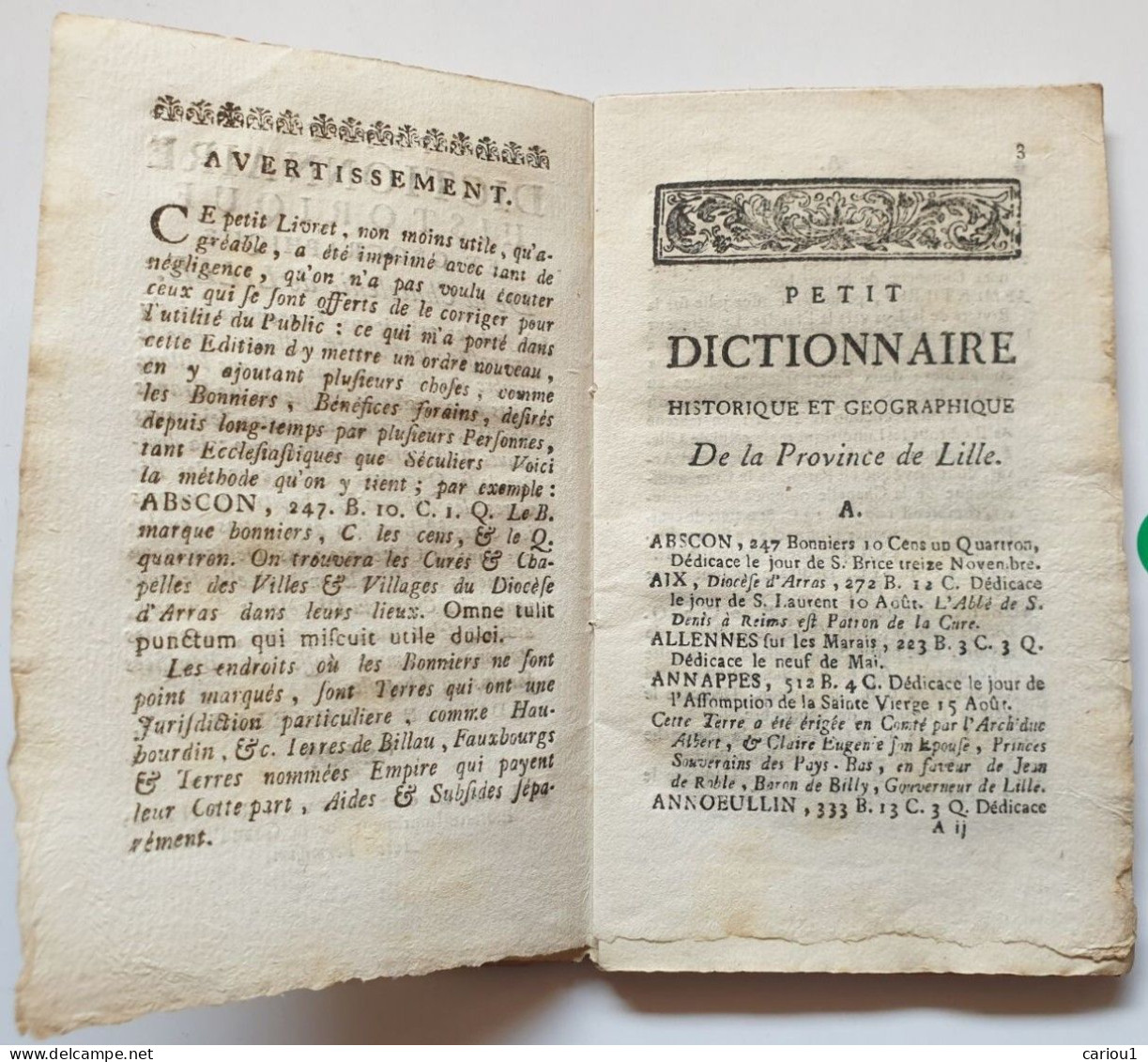 C1 NORD Panckoucke PETIT DICTIONNAIRE CHATELENIE De LILLE 1733 PORT INCLUS FRANCE - Picardie - Nord-Pas-de-Calais