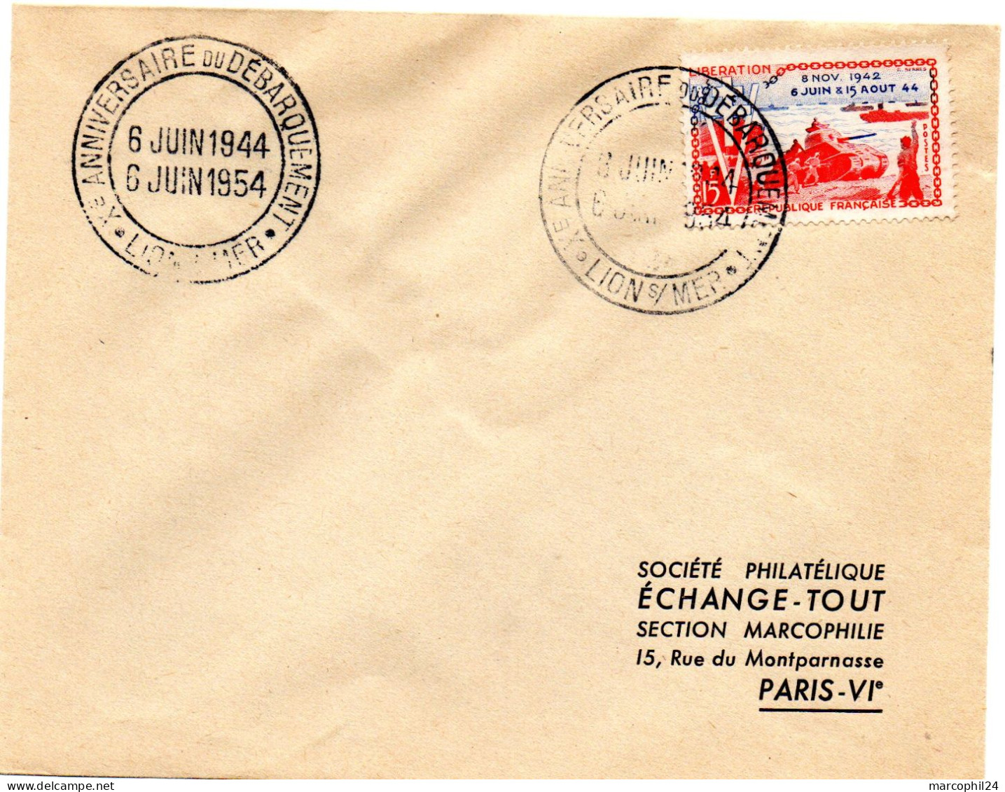 MILITARIA =  = 14 LION Sur MER 1954 = CACHET PREMIER JOUR N° 983  'ANNIVERSAIRE DU DEBARQUEMENT' - 1950-1959