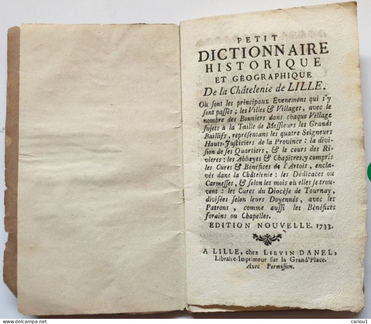 C1 NORD Panckoucke PETIT DICTIONNAIRE CHATELENIE De LILLE 1733 PORT INCLUS FRANCE - 1701-1800