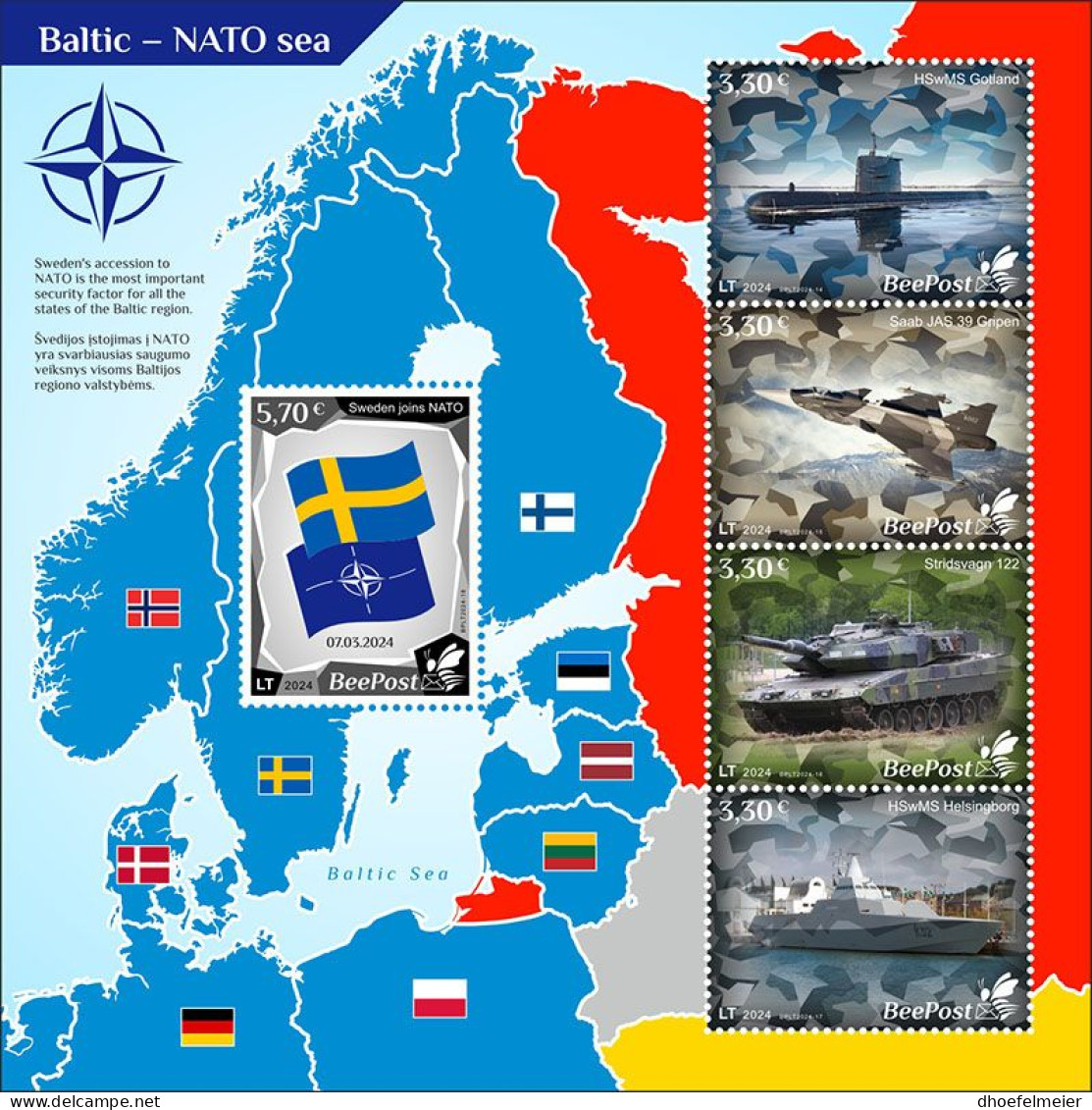 LITHUANIA-BEEPOST 2024 MNH Sweden Joins NATO Beitritt Schwedens S/S – PRIVATE OPERATOR – DHQ2415 - NAVO