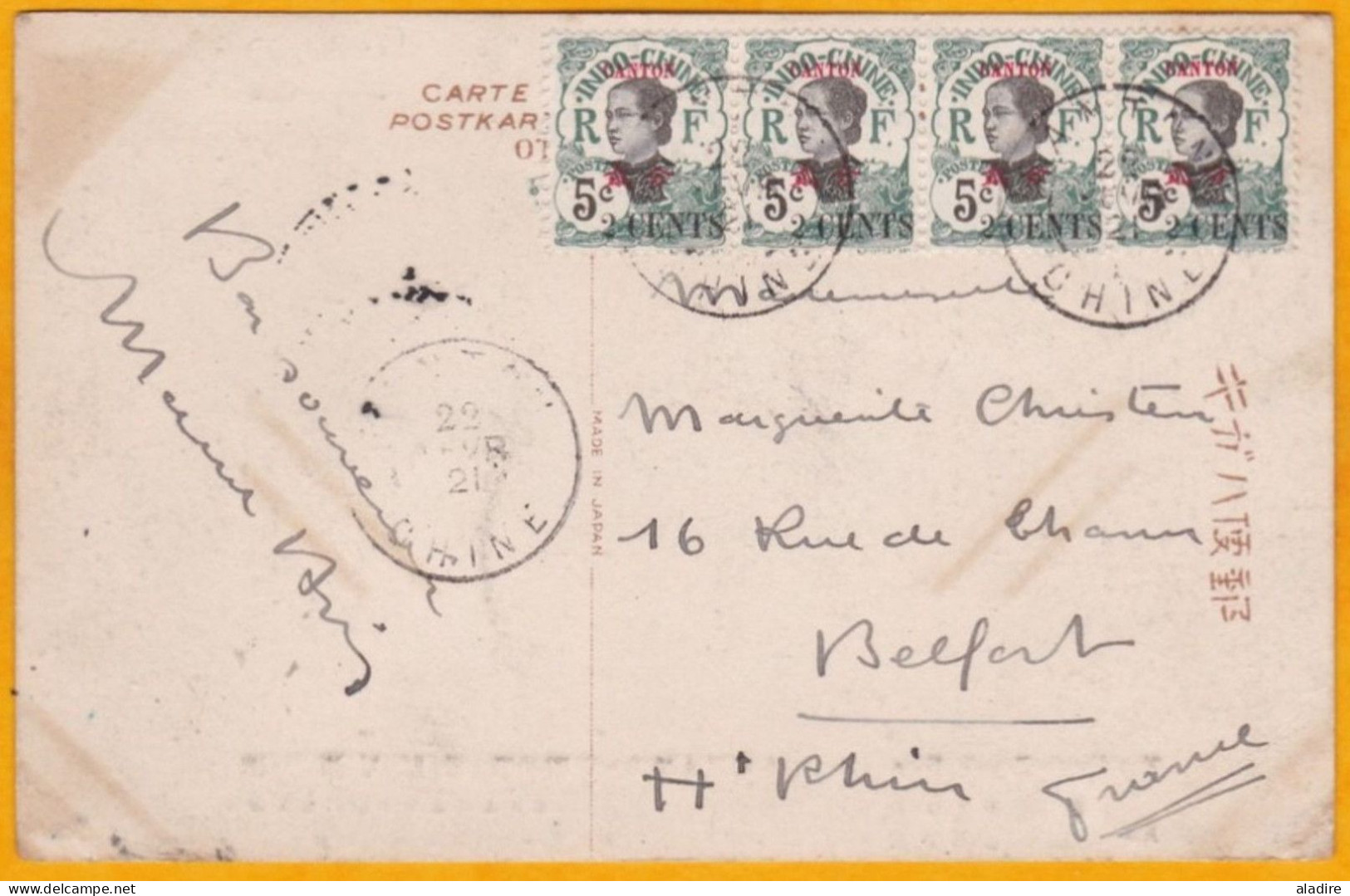 1921 - Bande De 4 T X 5 C Indochine Surch 2 C Canton Sur CP De Canton, Bureau Français En Chine Vers Belfort, France - Covers & Documents