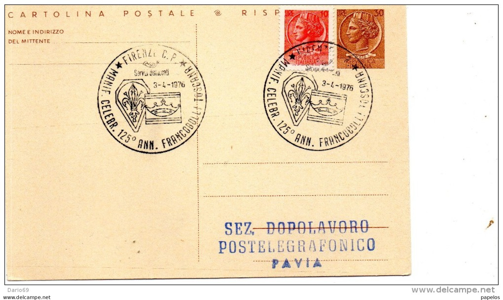 1976 CARTOLINA CON ANNULLO SPECIALE FIRENZE -  CELEBRAZIONE 125° ANNI FRANCOBOLLO TOSCANO - Stamped Stationery