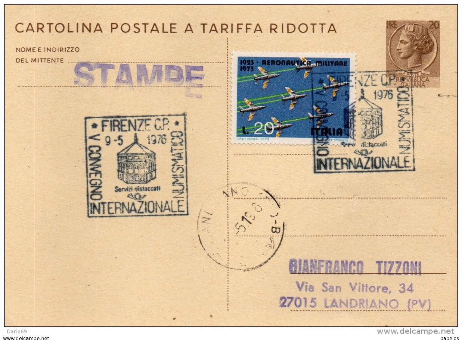 1976 CARTOLINA CON ANNULLO SPECIALE FIRENZE - CONVEGNO NUMISMATICO - Stamped Stationery