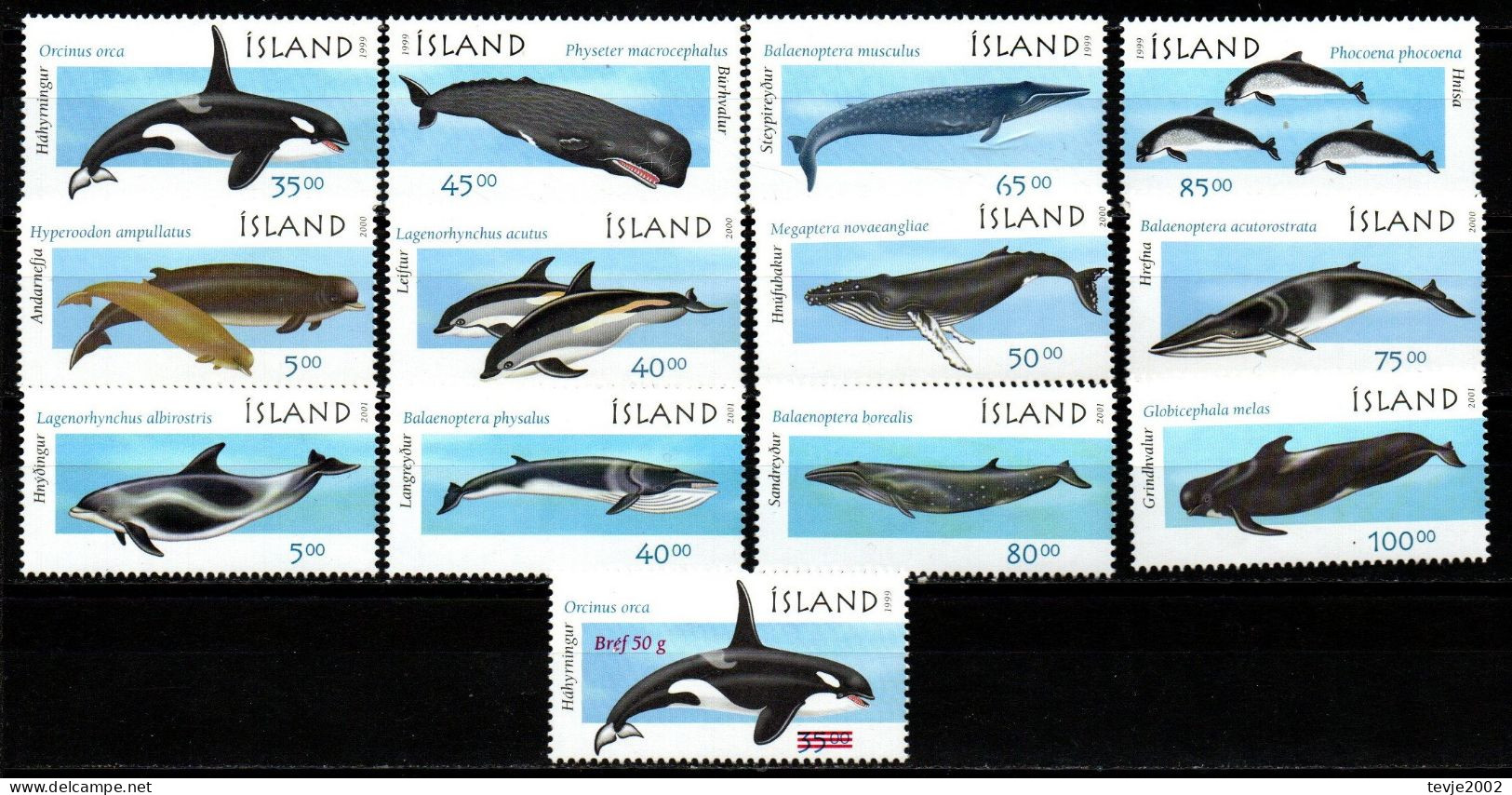 Island 1999-2001 - Mi.Nr. 905-908, 954-957, 988-992 - Postfrisch MNH - Tiere Animals Wale Whales - Baleines