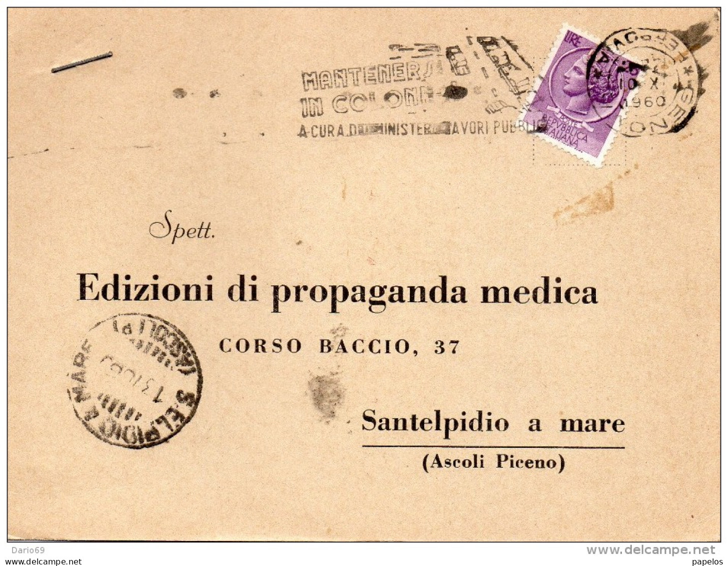 1960 CARTOLINA PROPAGANDA MEDICA CON ANNULLO GENOVA + TARGHETTA + SANTELPIDIO A MARE ASCOLI PICENO - 1946-60: Marcophilie