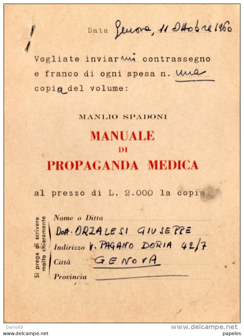 1960 CARTOLINA PROPAGANDA MEDICA CON ANNULLO GENOVA + TARGHETTA + SANTELPIDIO A MARE ASCOLI PICENO - 1946-60: Marcophilie