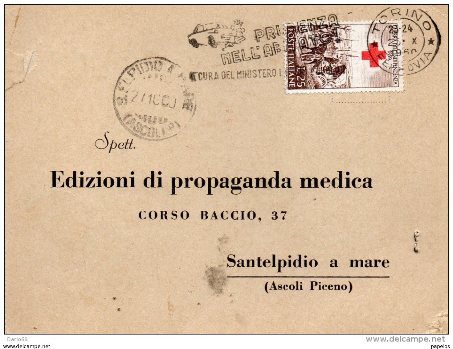 1960 CARTOLINA PROPAGANDA MEDICA CON ANNULLO TORINO + TARGHETTA + SANTELPIDIO A MARE ASCOLI PICENO - 1946-60: Marcophilie