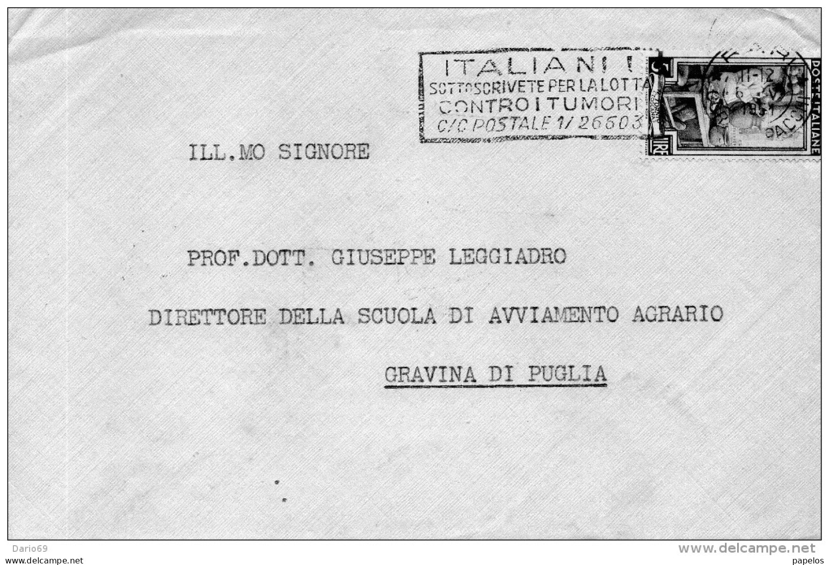 1951 LETTERA   CON ANNULLO BARI + TARGHETTA ITALIANI SOTTOSCRIVETE PER LA LOTTA CONTRO I  TUMORI - 1946-60: Marcophilie