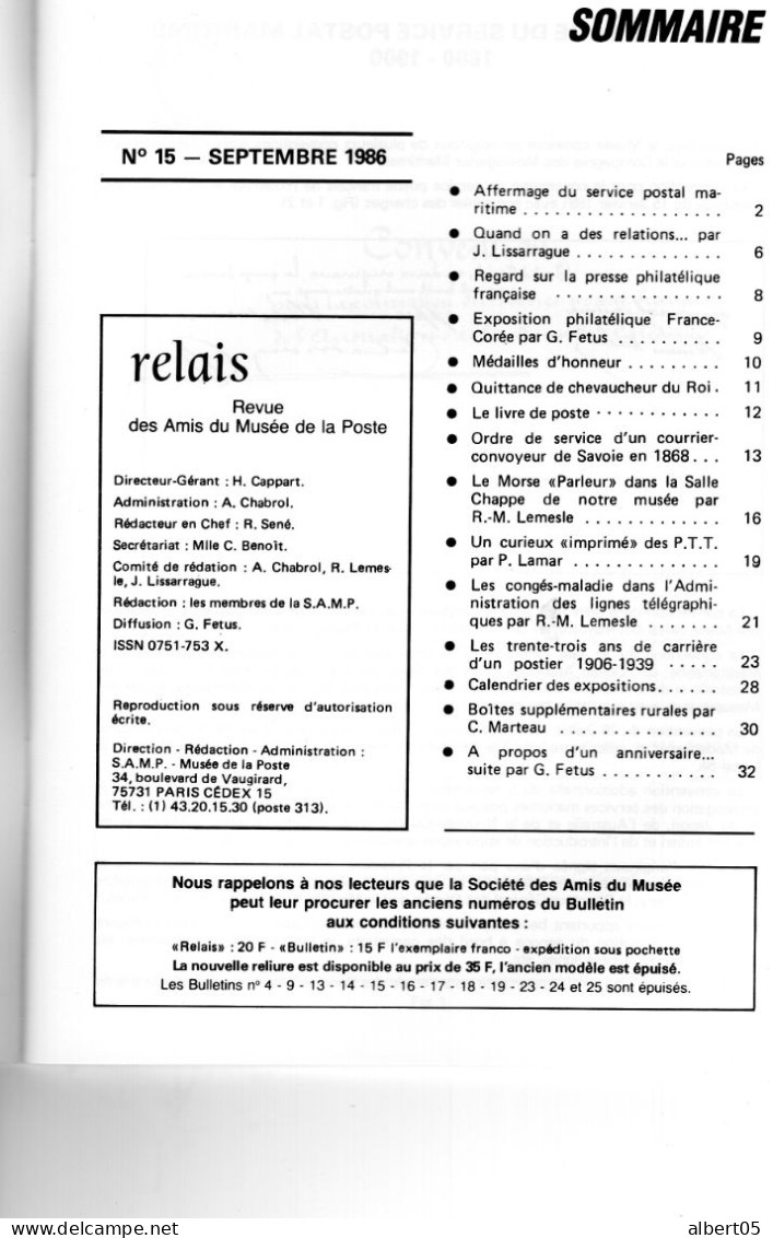 Relais N° 15 - Sept 1986 -   Revue Des Amis Du Musée De  La Poste - Avec Sommaire - France-Corée - Morse - Philately And Postal History