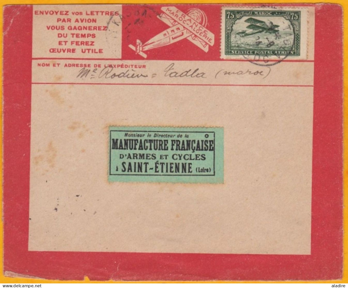 1924 - Enveloppe Par Avion Précurseur Latécoère De Kasba Tadla, Maroc, France Vers Saint Etienne Via Casablanca - Poste Aérienne