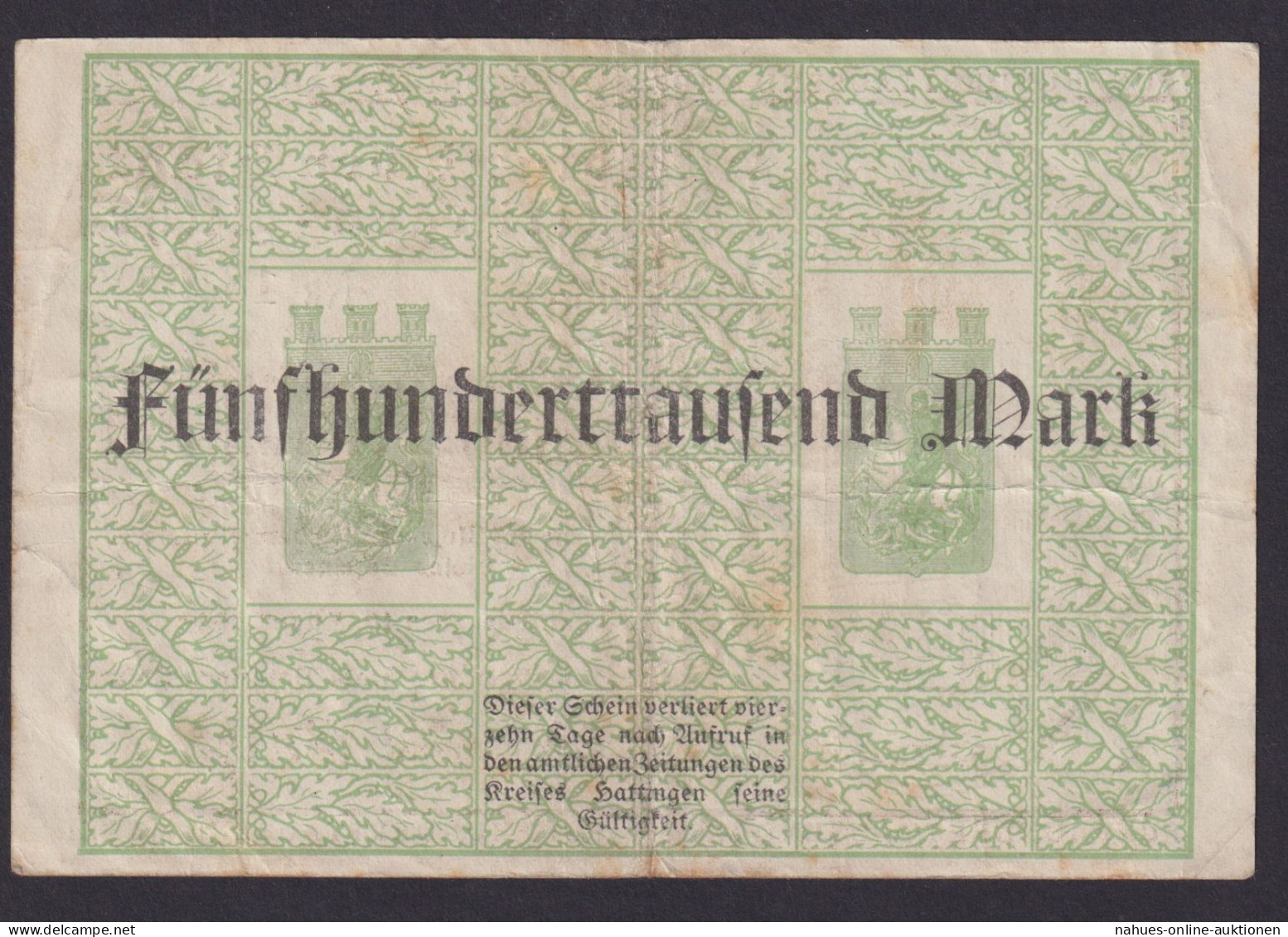 Banknote Geldschein Hattingen Ruhr 500 Tausend Gefaltet - Other & Unclassified