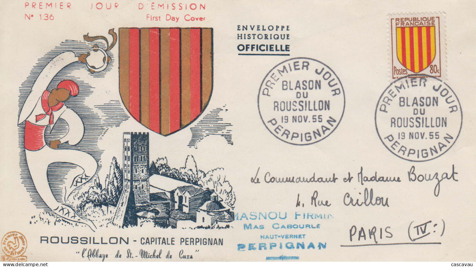 Enveloppe  FDC  1er  Jour    FRANCE     Blason   Du   ROUSSILLON      PERPIGNAN     1955 - 1950-1959