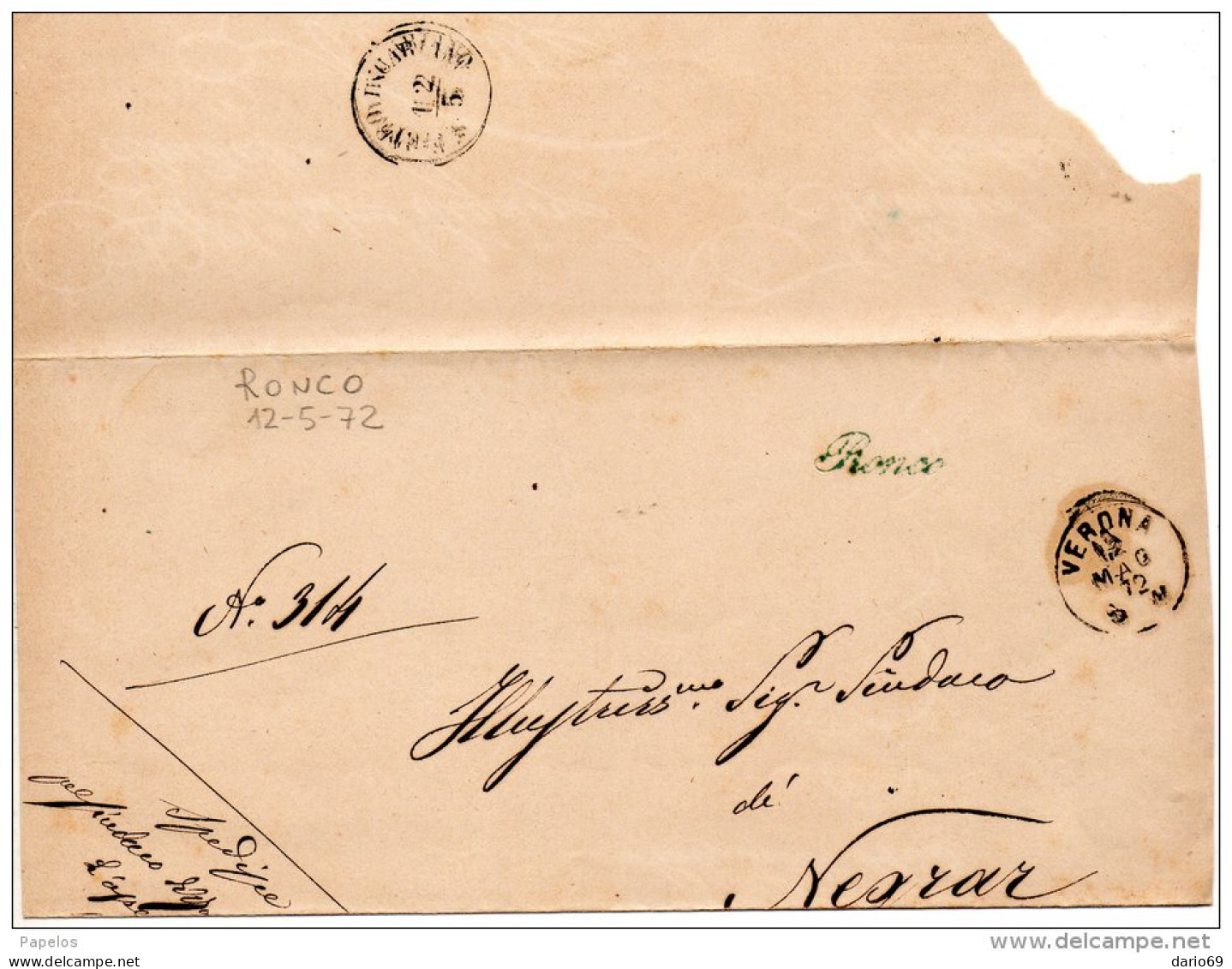 1872 LETTERA CON ANNULLO IN CORSIVO RONCO VERONA - Poststempel