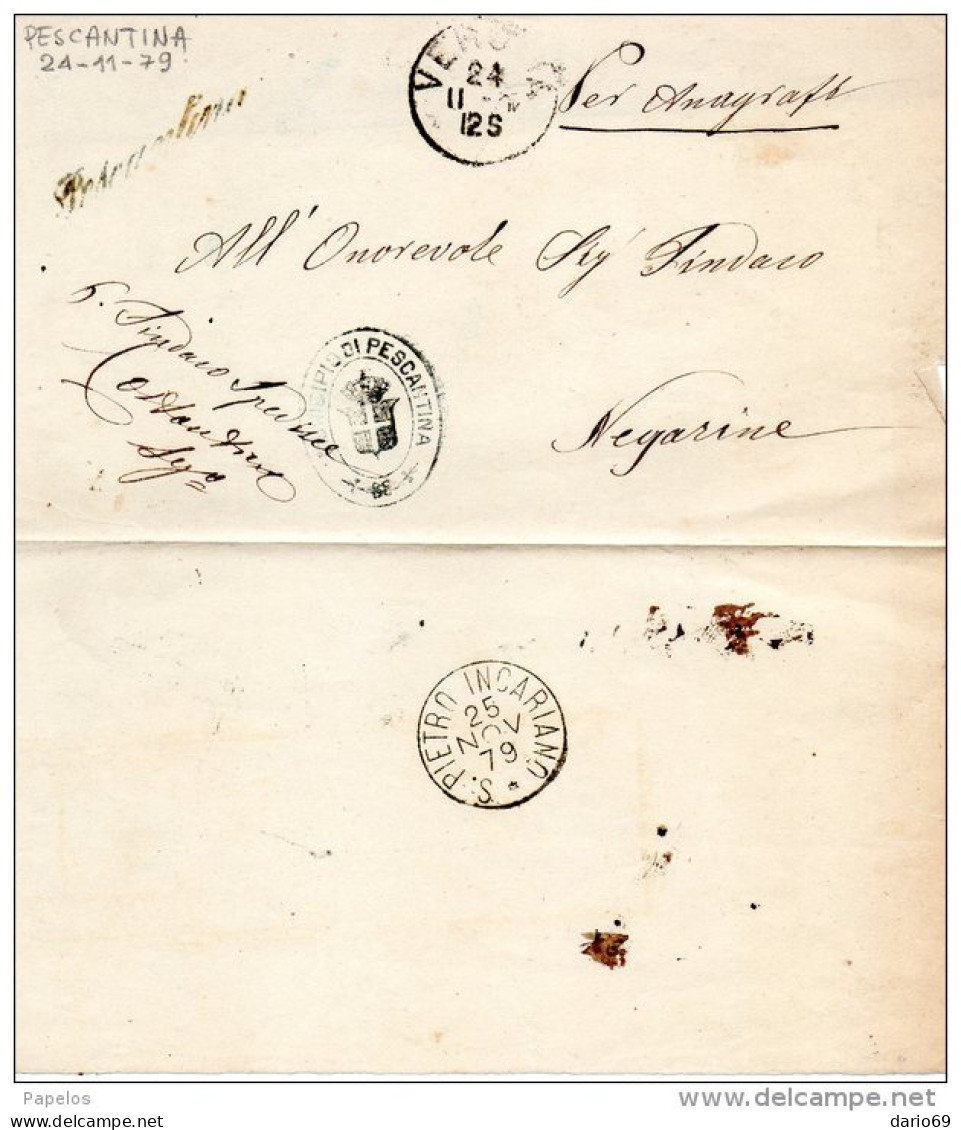 1879 LETTERA CON ANNULLO  IN CORSIVO PESCANTINA VERONA + S. PIETRO IN CARIANO - Marcophilia