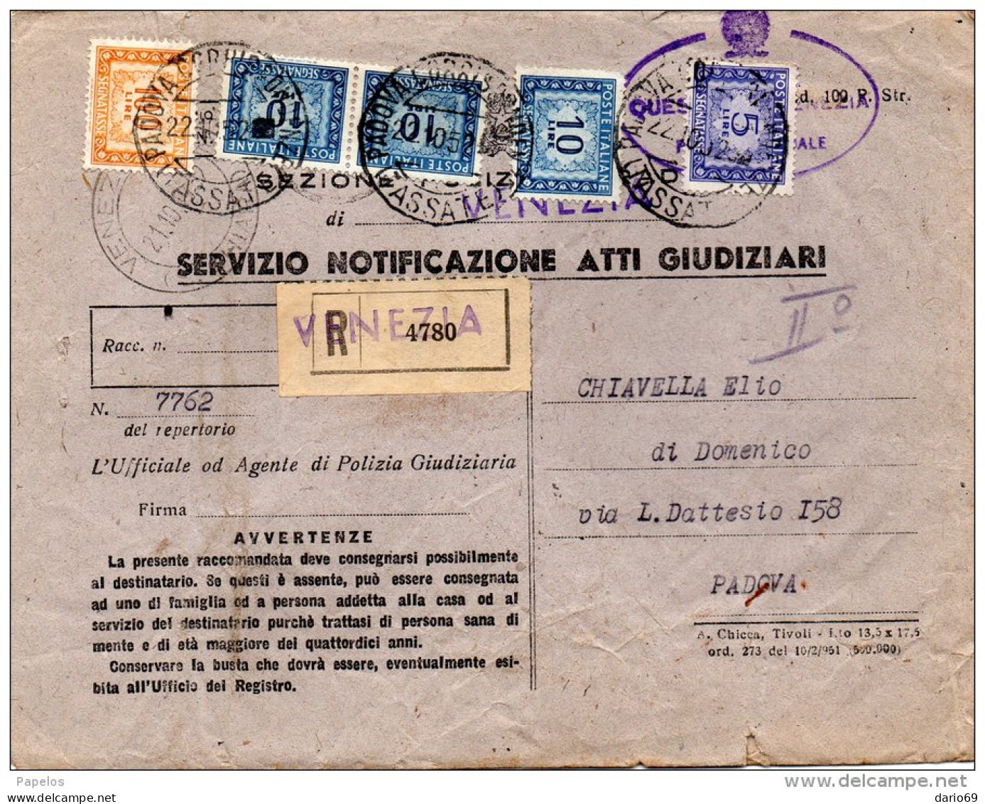 1952 LETTERA  CON ANNULLO VENEZIA - Portomarken