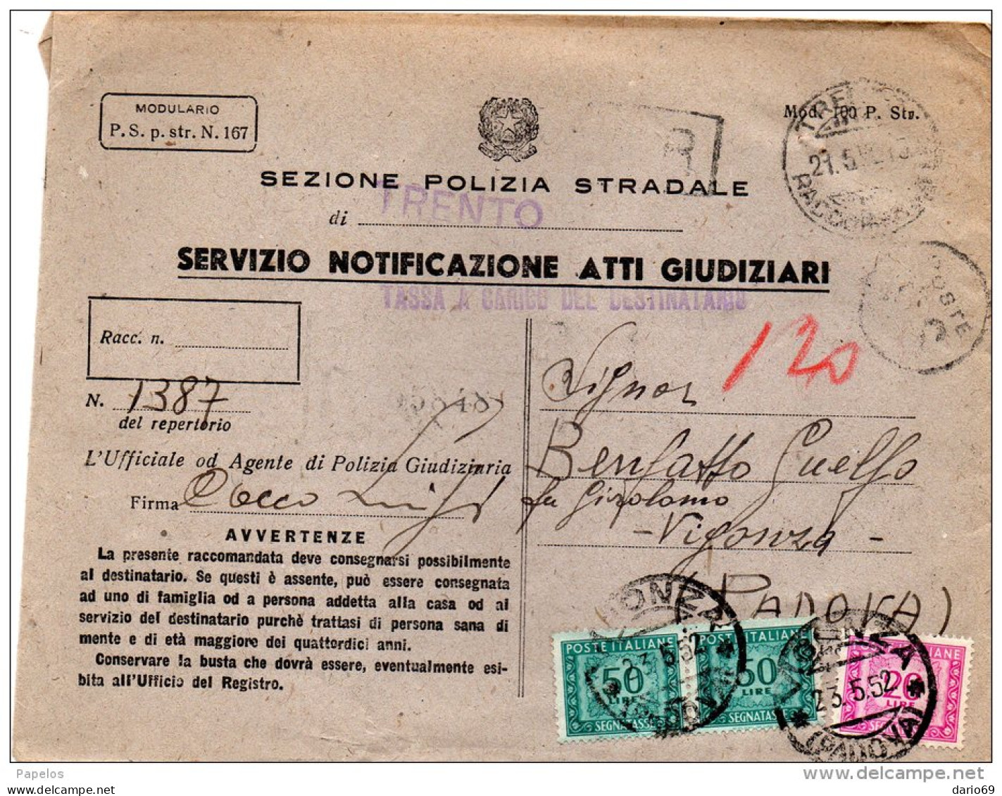 1952 LETTERA  CON ANNULLO TRENTO - Strafport