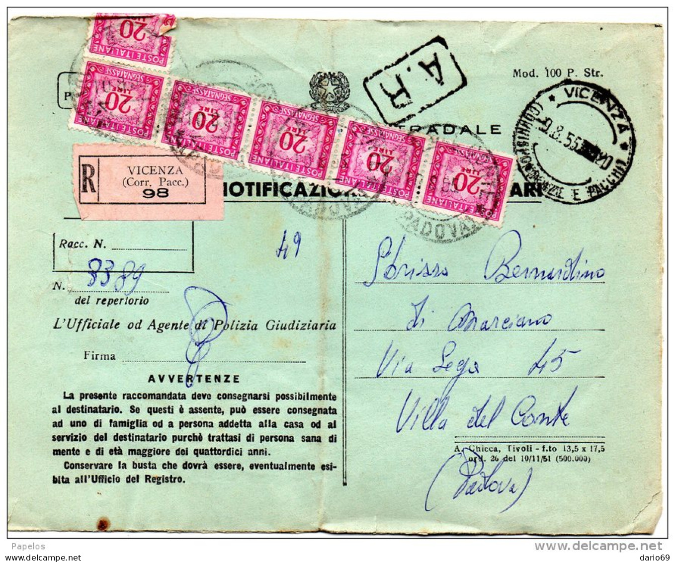 1955 LETTERA  CON ANNULLO VICENZA - Portomarken