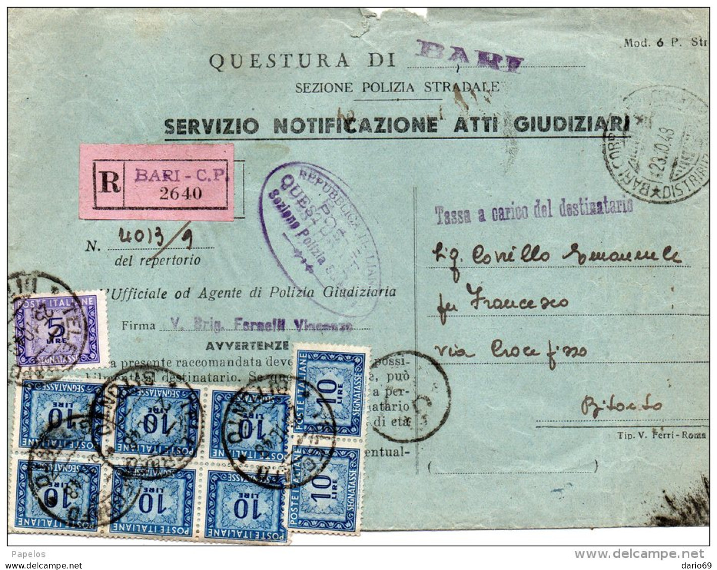 1948 LETTERA  CON ANNULLO  BARI + BITONTO - Strafport