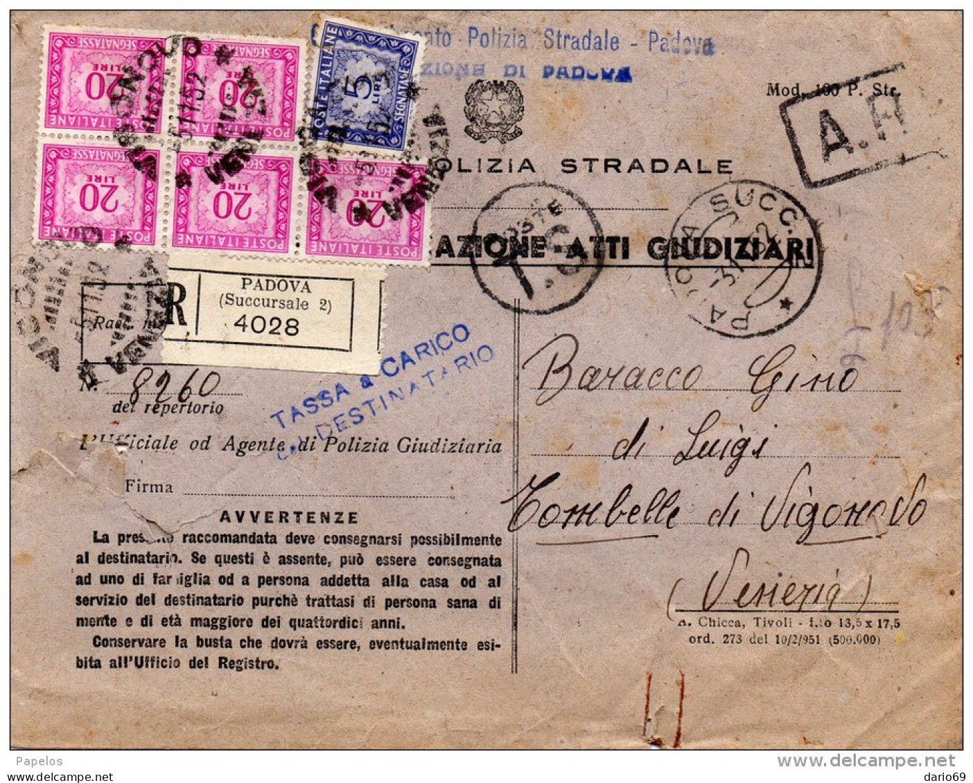 1952 LETTERA  CON ANNULLO PADOVA SUCC. 2 - Portomarken