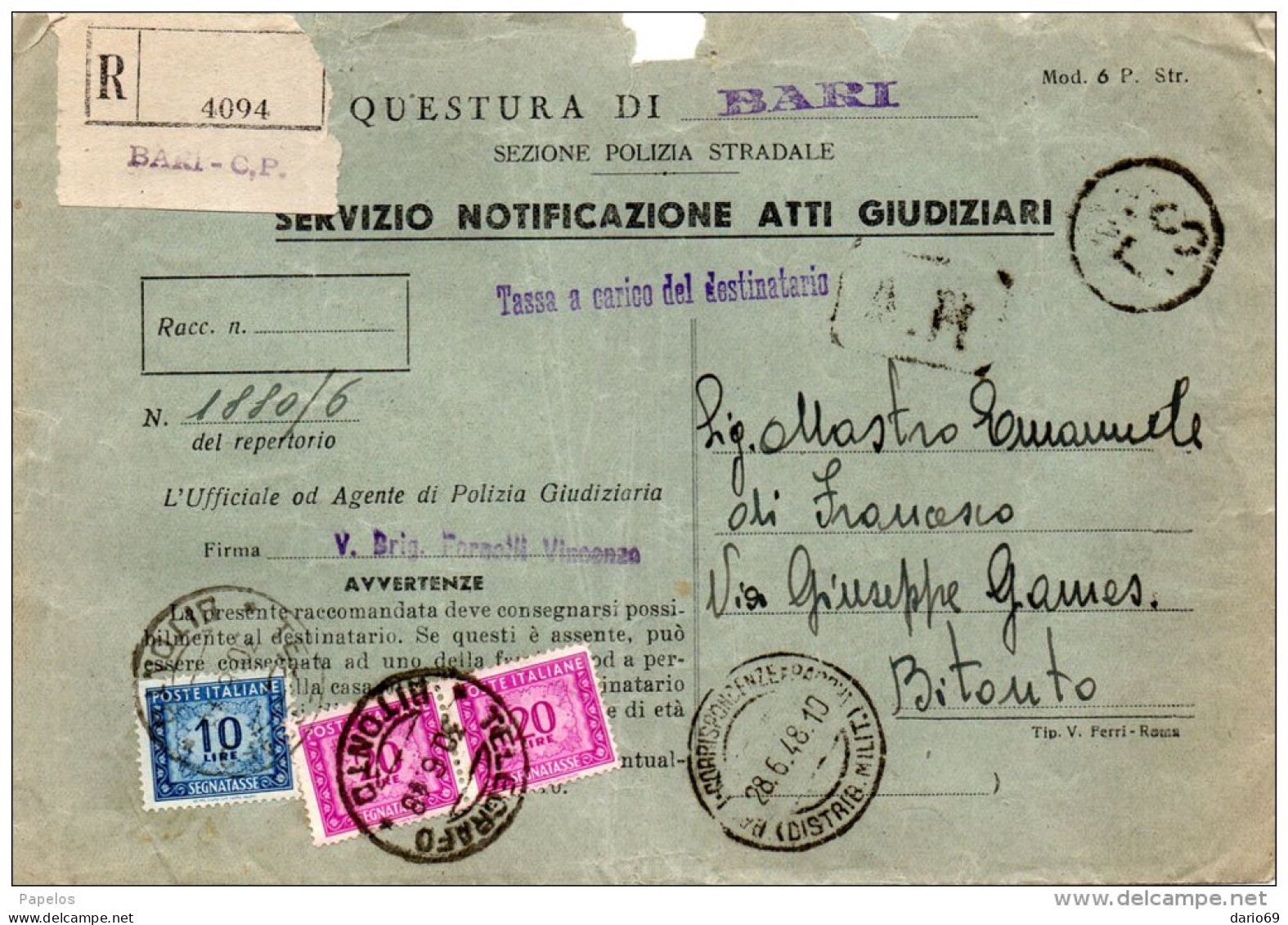 1948 LETTERA  CON ANNULLO BITONTO - Segnatasse