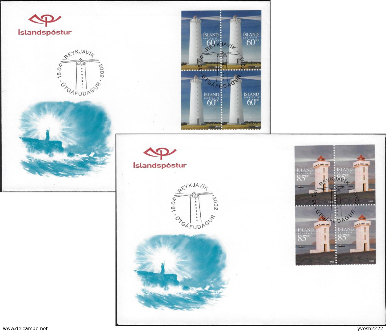 Islande 2002 Y&T 933 Et 934 En Blocs De 4 Différents, Panneaux De Carnets. Phares De Grotta Et Kögur - Phares
