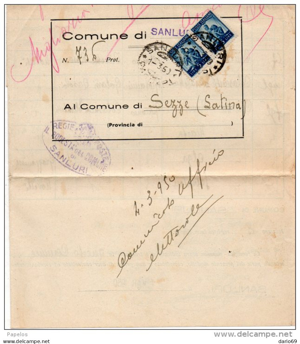 1950  LETTERA    CON ANNULLO SANLURI CAGLIARI - 1946-60: Marcophilie