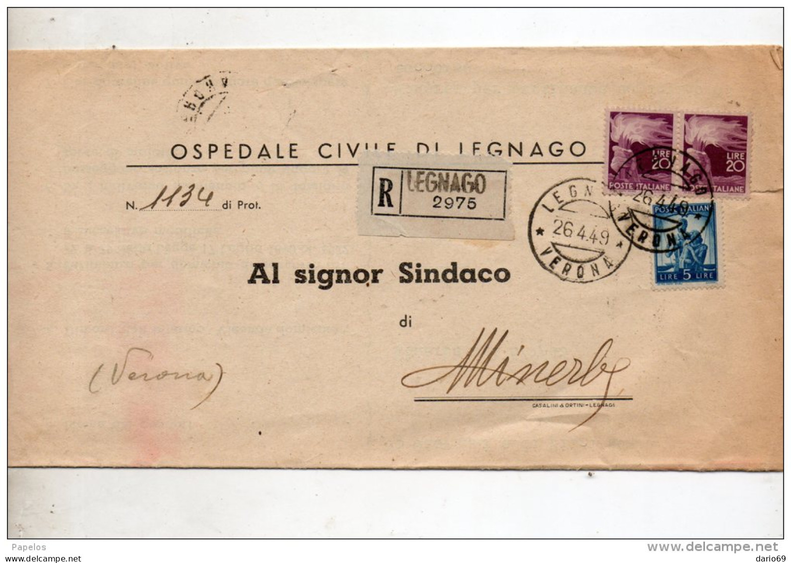 1949 LETTERA  RACCOMANDATA CON ANNULLO  LEGNAGO VERONA - 1946-60: Marcophilie