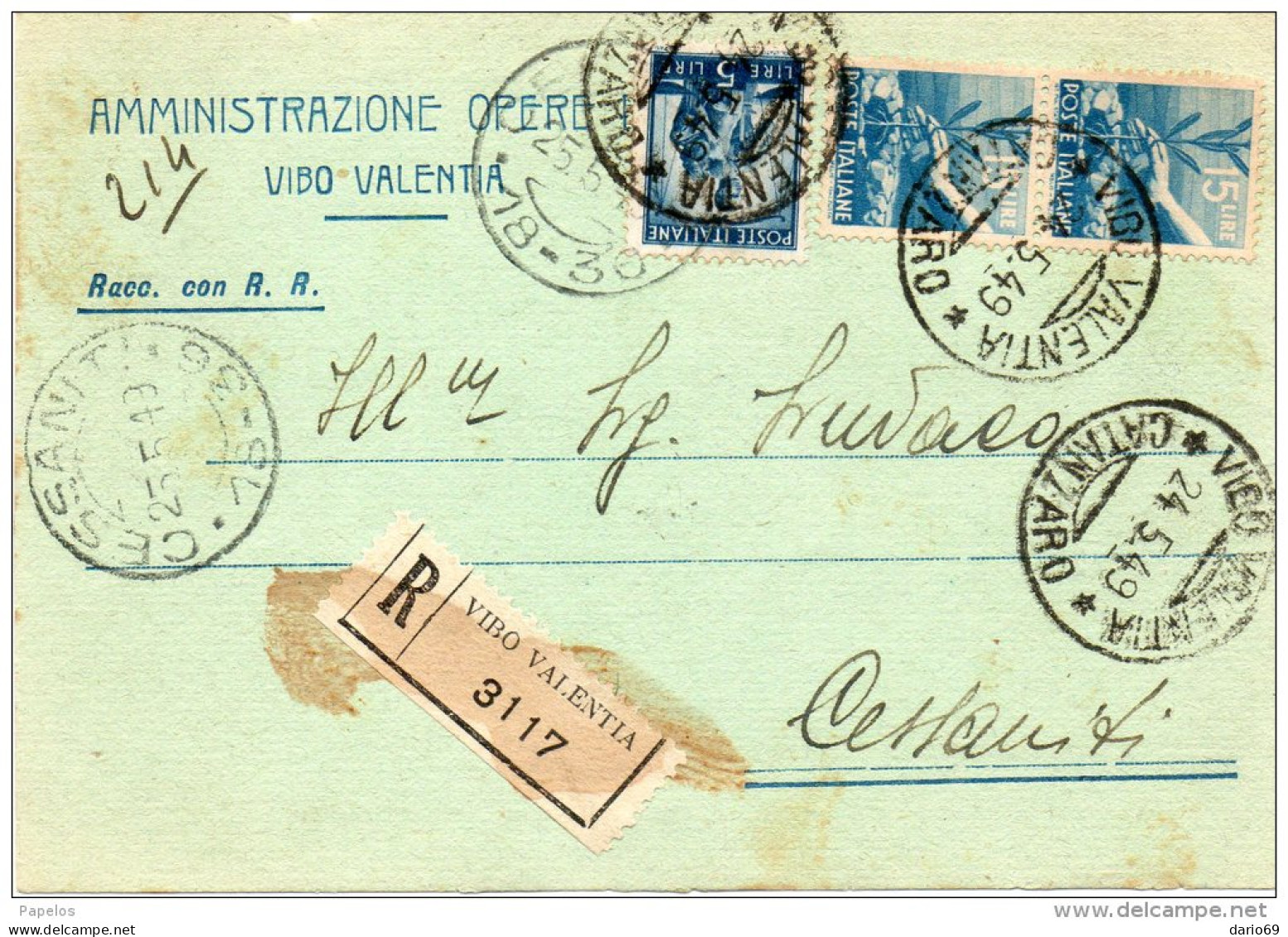 1949 CARTOLINA CON ANNULLO VIBO VALENTIA CATANZARO - 1946-60: Marcophilie