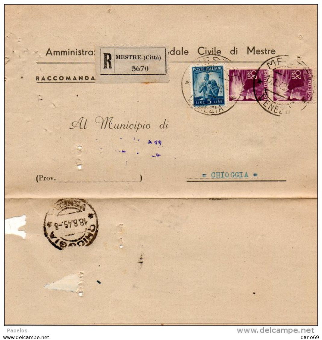 1949  LETTERA RACCOMANDATA CON ANNULLO MESTRE CITTA' - 1946-60: Marcophilie