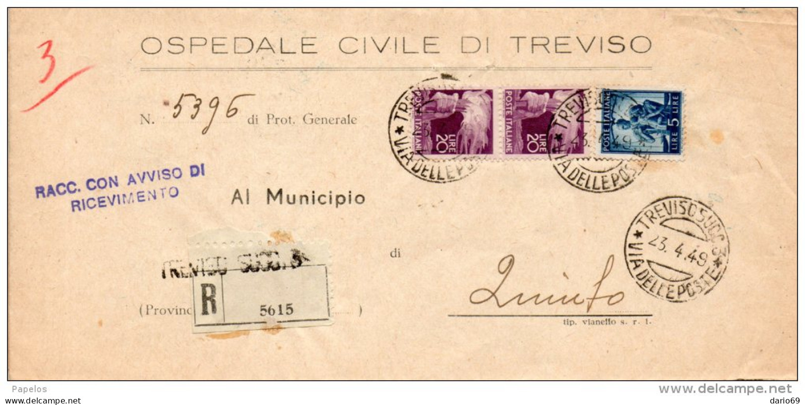 1949 LETTERA RACCOMANDATA CON ANNULLO TREVISO 3 VIA DELLE POSTE - 1946-60: Marcophilie