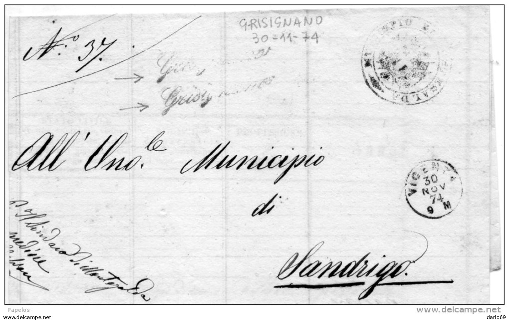 1874 LETTERA CON ANNULLO VICENZA + GRISIGNANO IN CORSIVO - Poststempel