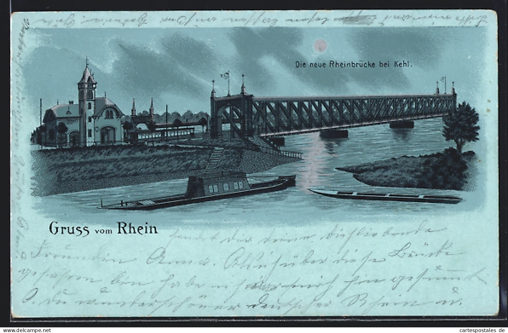 Mondschein-Lithographie Kehl, Neue Rheinbrücke, Frachter, Gebäude  - Kehl