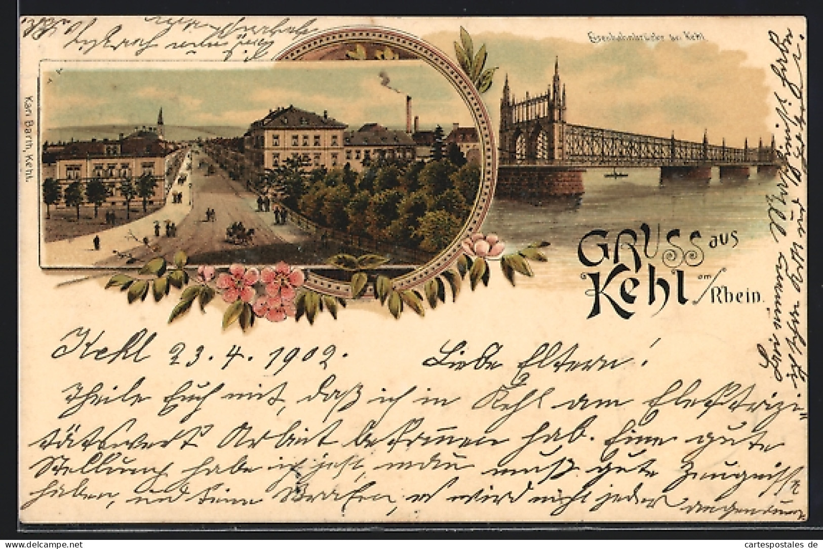 Lithographie Kehl, Eisenbahnbrücke Und Ortsansicht  - Kehl