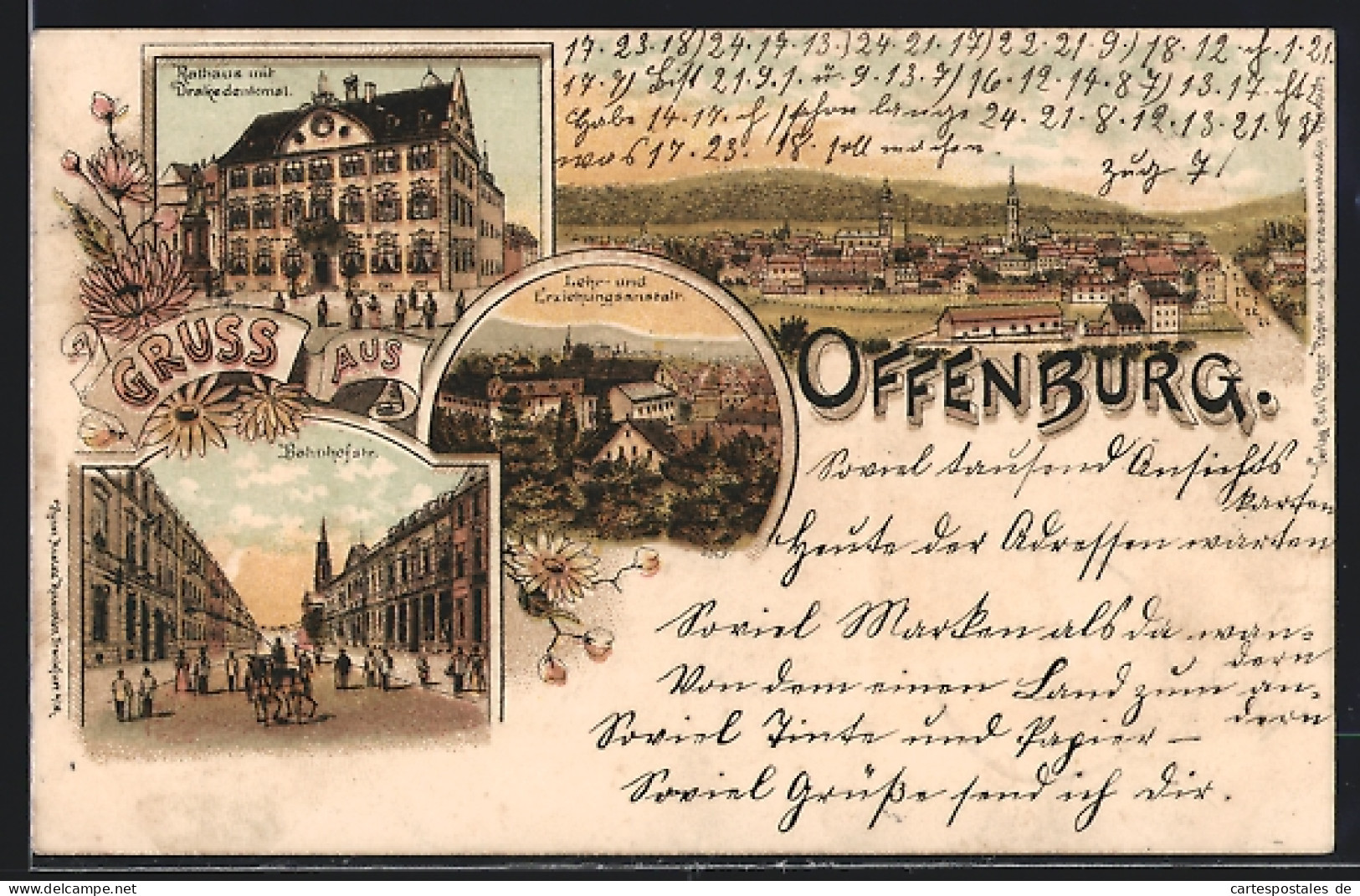 Lithographie Offenburg, Rathaus Mit Drake-Denkmal, Lehr- Und Erziehungsanstalt, Bahnhofstrasse Und Total  - Offenburg