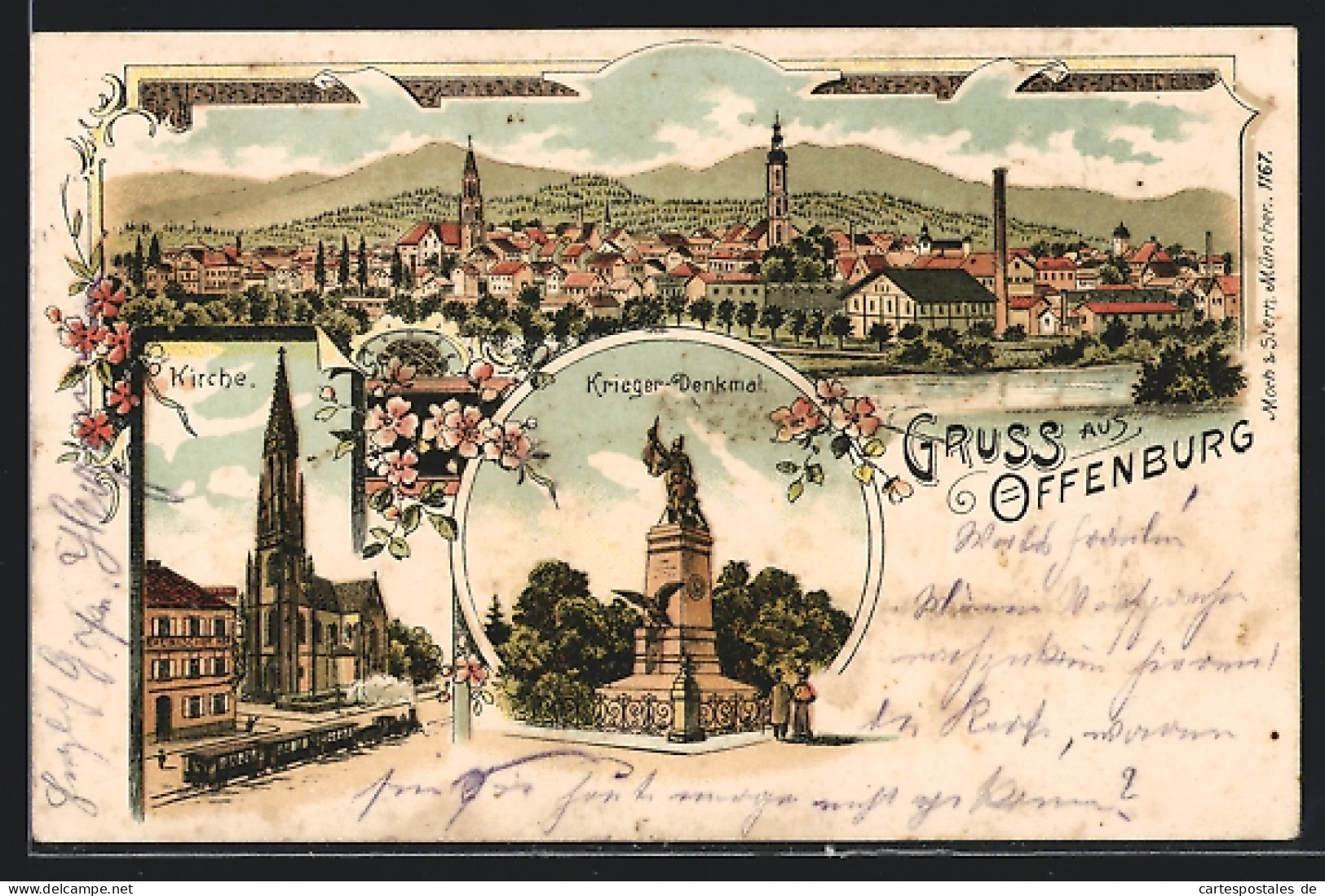 Lithographie Offenburg, Totalansicht, Kirche, Rheinischer Hof, Krieger-Denkmal  - Offenburg