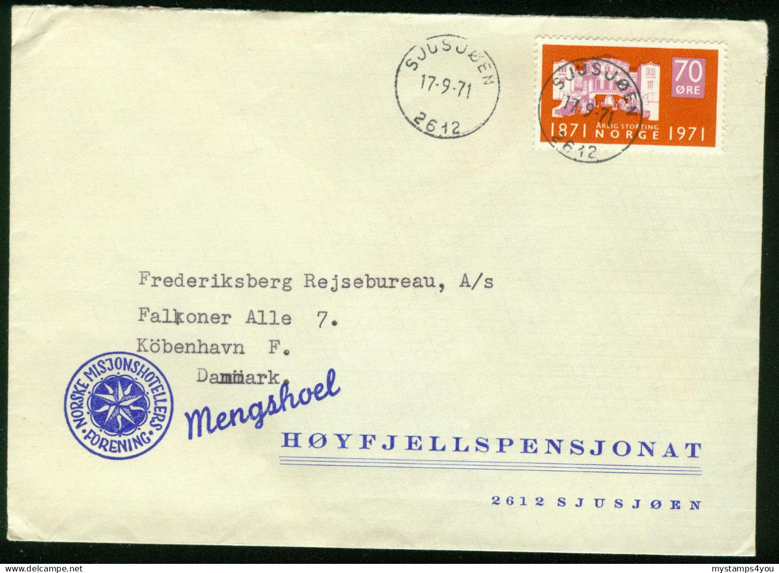 Br Norway, Sjusjøen 1971 Cover > Denmark (Norske Misjonshotellers Forening) #bel-1016 - Briefe U. Dokumente