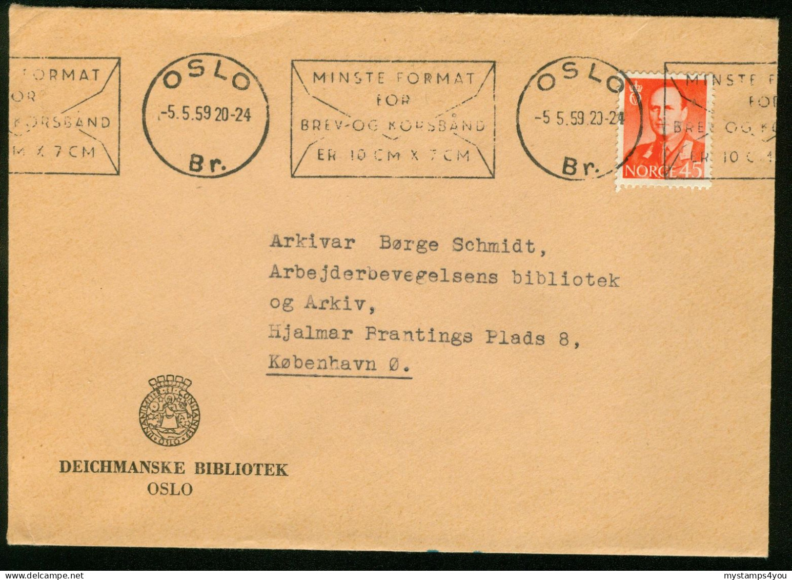 Br Norway, Oslo 1959 Cover > Denmark (Deichmanske Bibliotek) #bel-1017 - Lettres & Documents