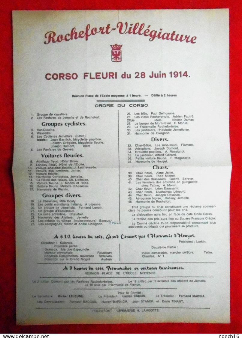 Programme Rochefort-Villégiature. Corso Fleuri Du 28 Juin 1914 (Belgique) - Programs