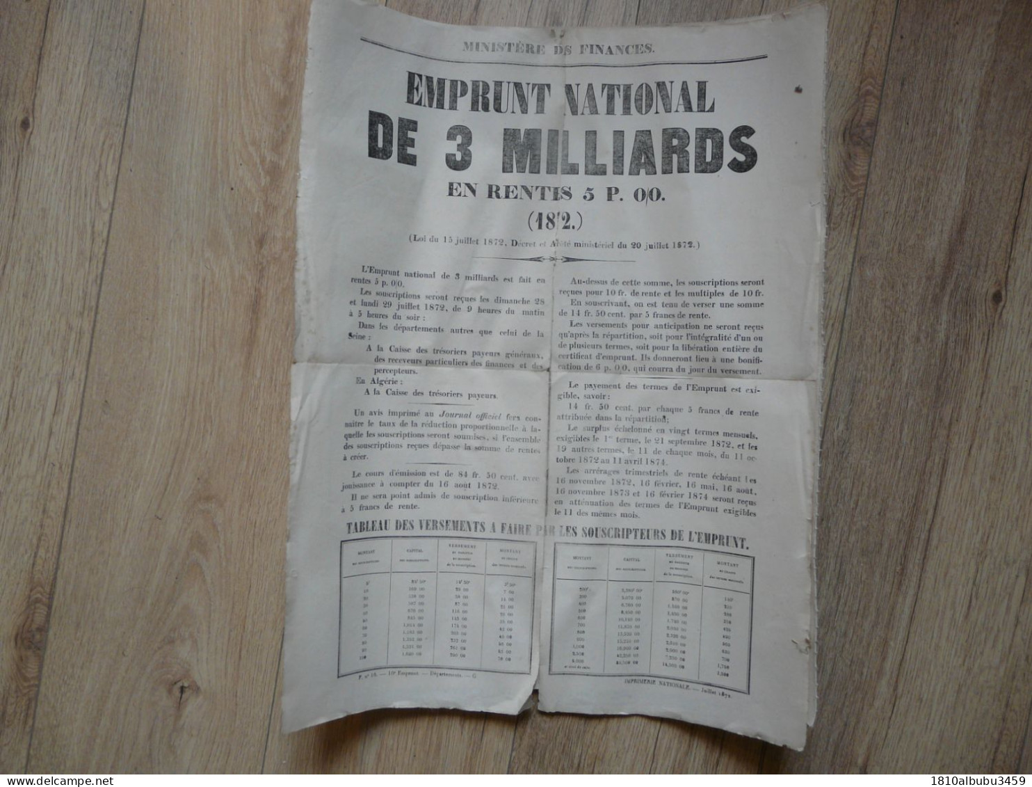 AFFICHE (51 X 40 CM) - EMPRUNT NATIONAL DE 3 MILLIARDS En Rentes 5 P. 0/0 (1872) - Afiches