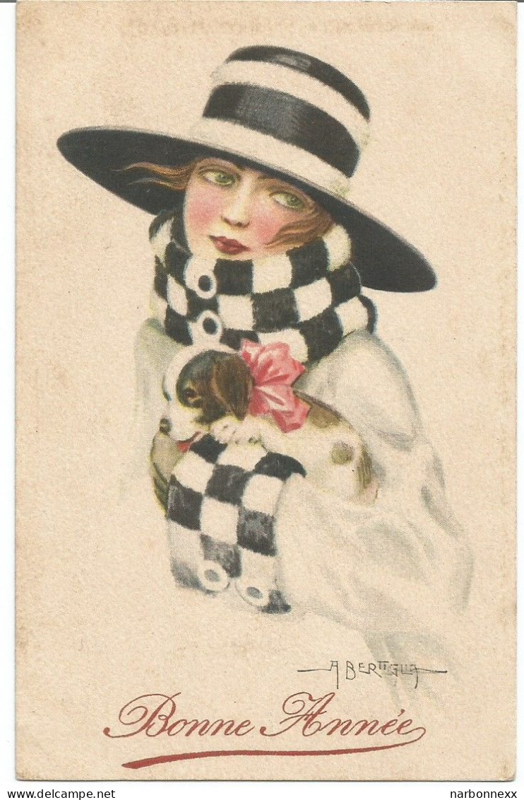 Bertiglia, 163. Très Belle Carte, Femme Avec Chapeau Noir Et Blanc, Et Petit Chien - Bertiglia, A.