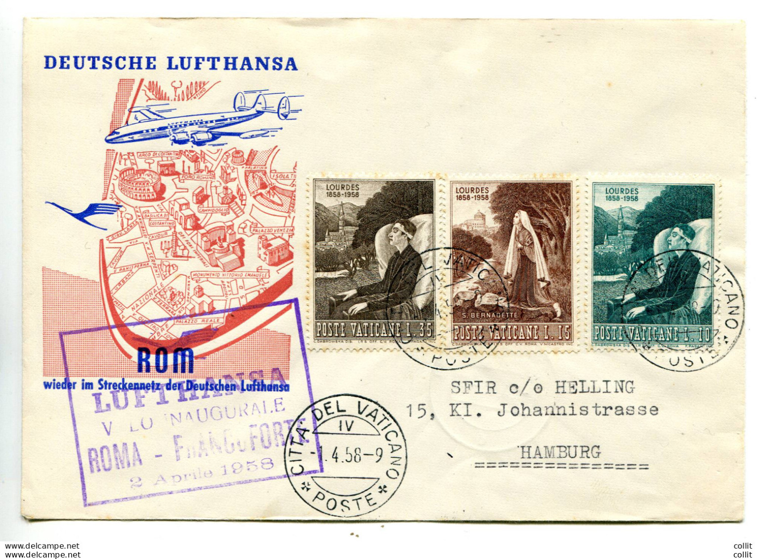 Volo Lufthansa (Vaticano) Roma Amburgo Del 2.4.58 - Airmail