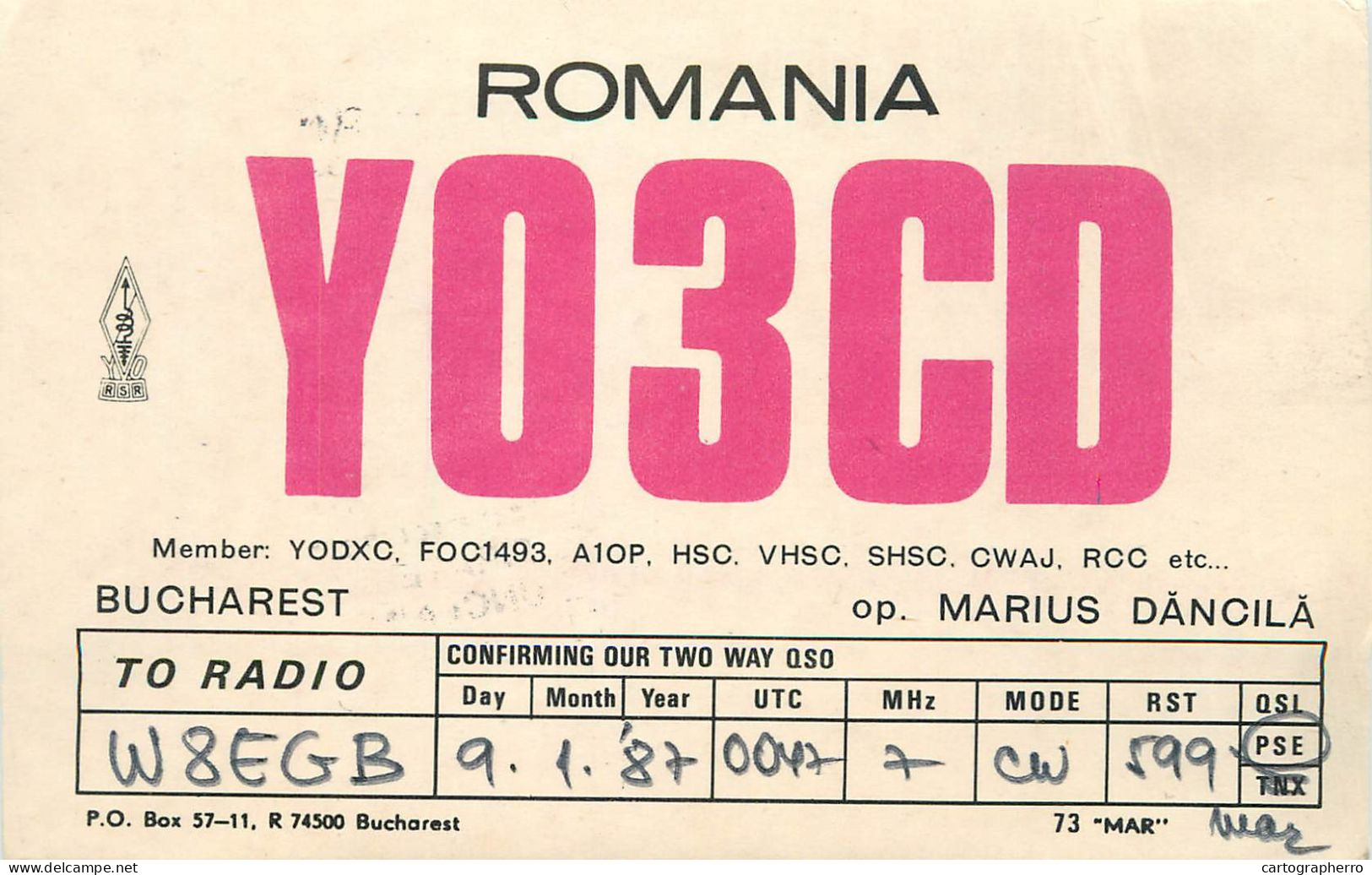 Romania Radio Amateur QSL Post Card Y03CD Marius Dancila - Radio Amateur