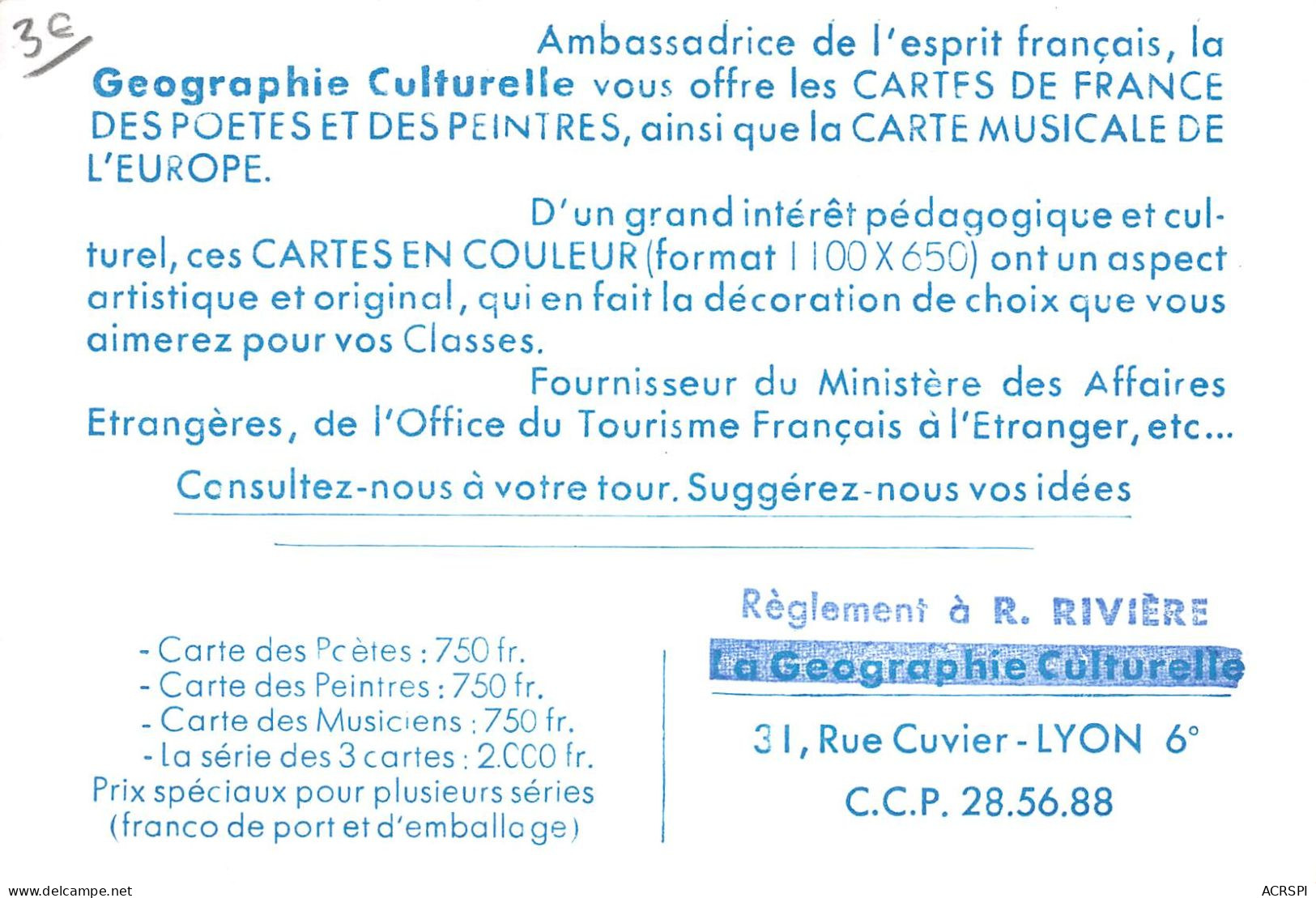 LYON 31 Rue Cuvier La Géographie Culturelle Carte Des Poetes Français Map 32 (scan Recto Verso)KEVREN0766 - Lyon 6