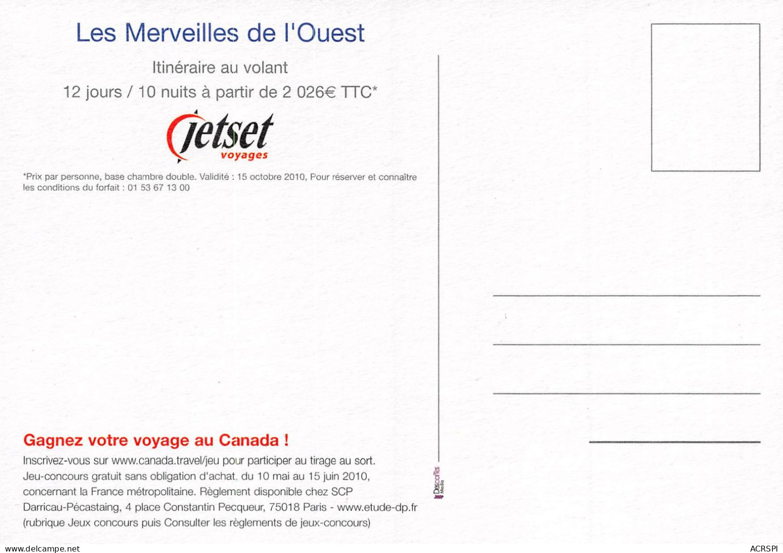 CANADA Voyages JETSET Octobre 2010  Merveilles De L'ouest  84 (scan Recto Verso)KEVREN0768 - Cartes Modernes