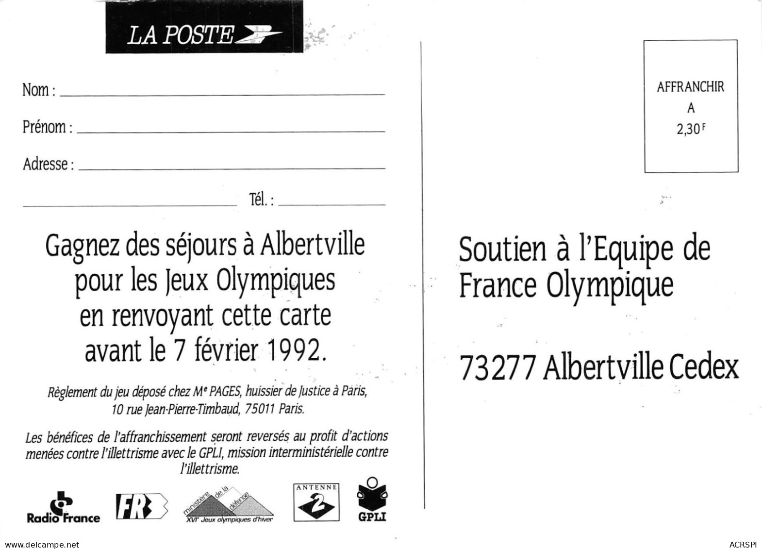 73 ALBERTVILLE JO 1992 Je Soutiens L'équipe De France OLYMPIQUE PUB Publicité  3 (scan Recto Verso)KEVREN0767 - Albertville
